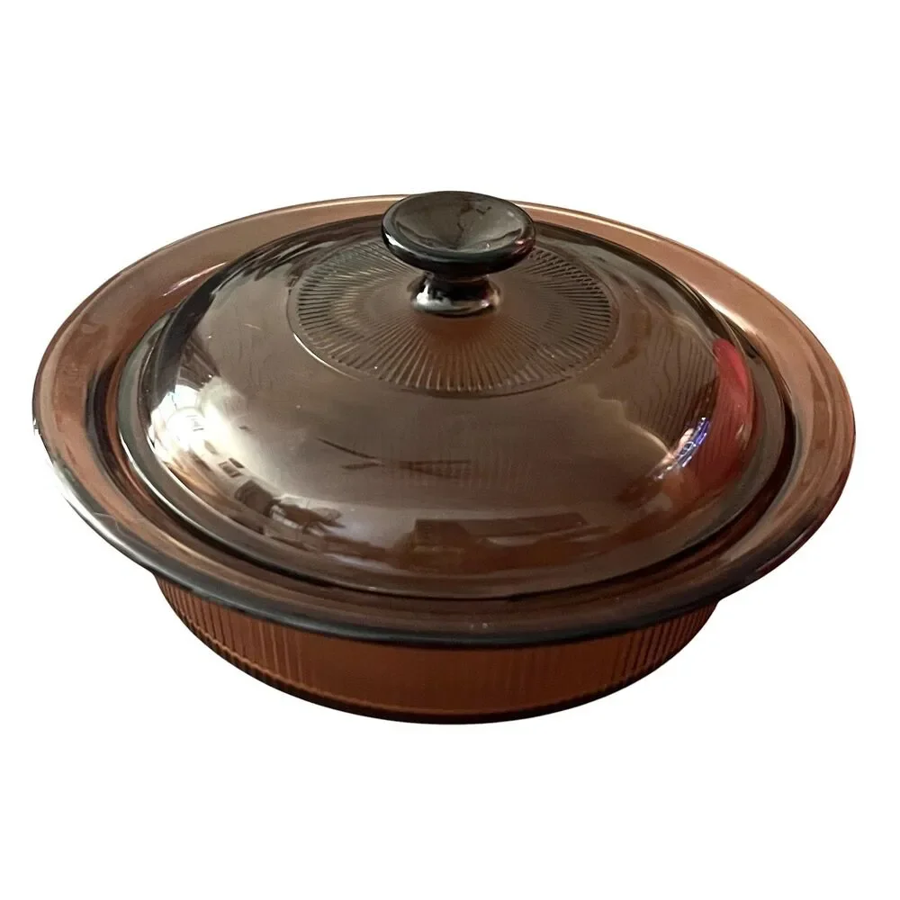 Vintage Vision Corning Amber Glass Round Casserole Pan 1.5QT V-32-B With Lid USA